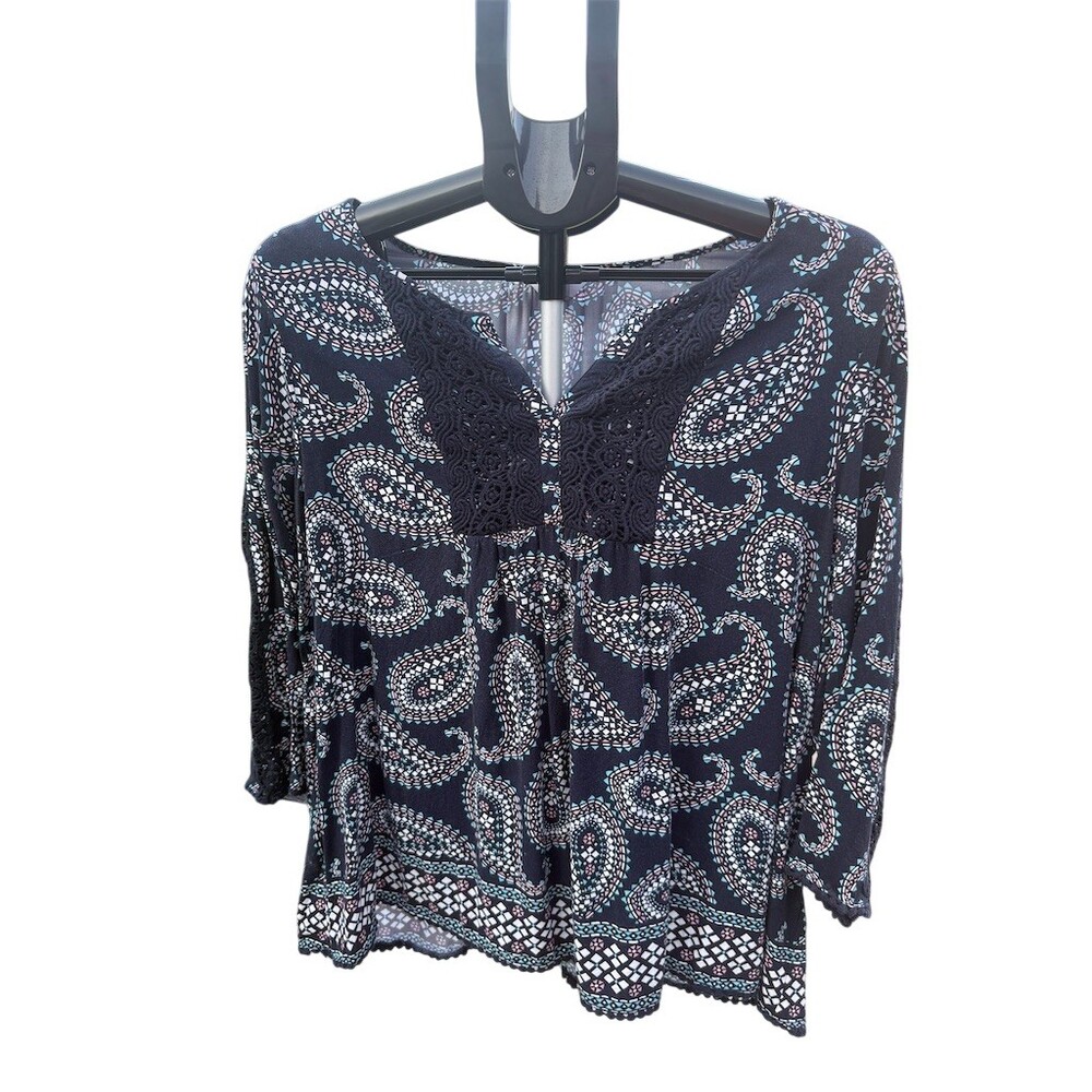 Crown & Ivy Blouse Womens XL Navy Paisley 3/4 Sleeve V-Neck Boho